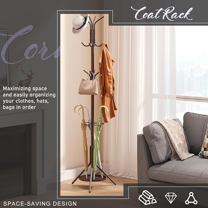 Coat Rack Freestanding,Entryway Hanger Stand,Umbrella Holder,Hall Tree With 12 Hooks, Floor Standing Metal Tree Stand,brown