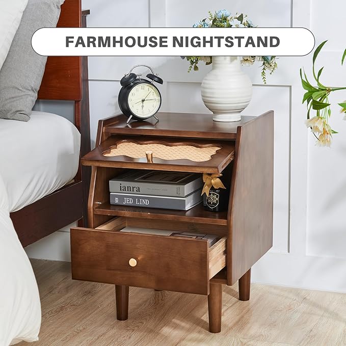 Uniclinens Rattan Nightstand with Drawer, Solid Wood Farmhouse Nightstand, 21" Bedside Table for Bedroom Sofa Side, Wooden End Tables Living Room, Walnut