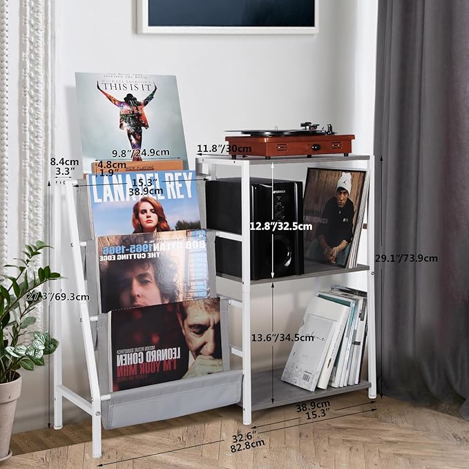 Record Player Stand, 3-Tier Vinyl Record Storage, Turntable Stand with Now Playing Holder, Vinyl Display for Living Room, Grey & White