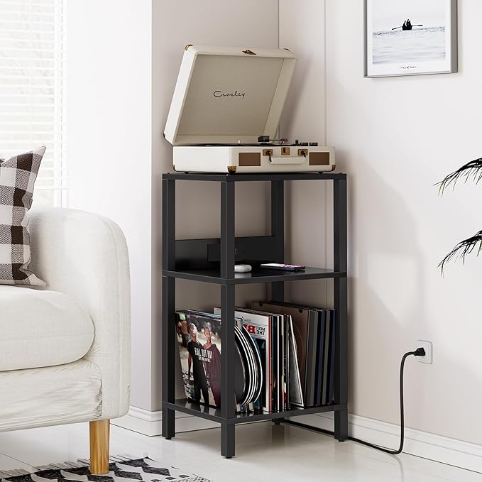 TUTOTAK Record Player Stand with Storage Up to 100 Albums，Record Storage Table,3 Tier End Table with Charging Station,Side Table for Living Room, Bedroom, Black TB01BK076