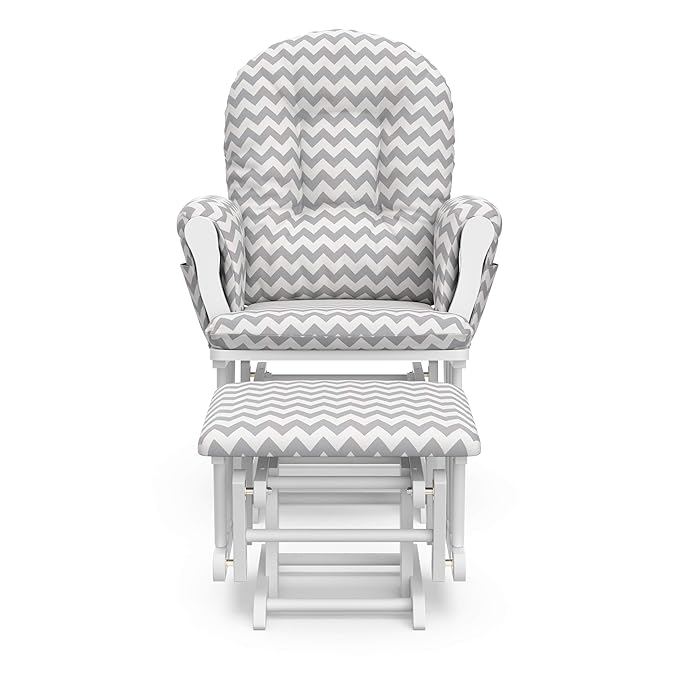 Storkcraft Premium Hoop Glider & Ottoman (White/Gray Chevron) — GREENGUARD Gold Certified Nursery Glider, Solid Wood Craftsmanship, Smooth-Gliding Nursery Chair and Ottoman, Award-Winning