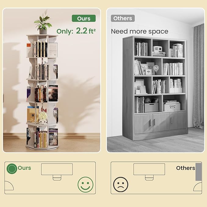 Rotating Bookshelf, 5 Tier Spinning Bookshelf Tower, Corner Revolving Storage Rack for Bedroom, Study Room, Kids Room, Living Room, Office (White, 5 Tier)