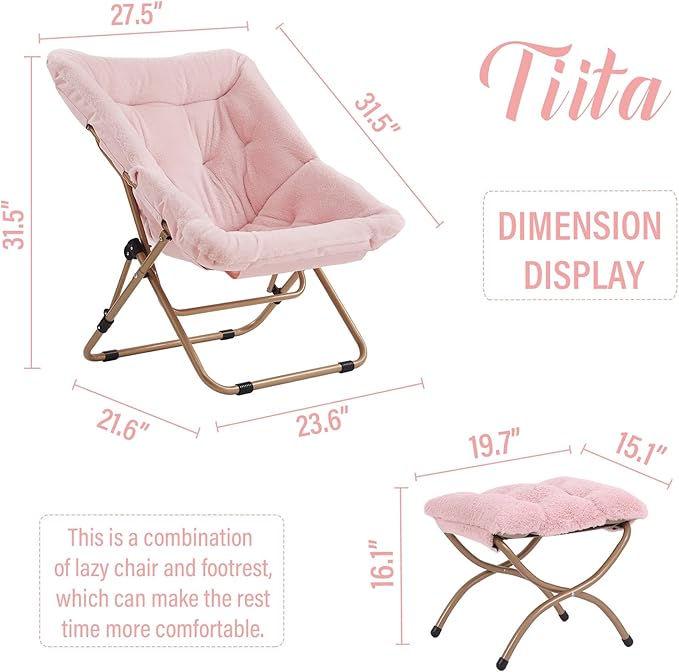 Tiita Folded Chair with Ottoman, Soft Faux Fur Oversized Folding Accent Chair,Lounge Lazy Chair, Metal Frame Moon Chair for Bedroom, Living Room, Dorm Rooms, Garden and Courtyard