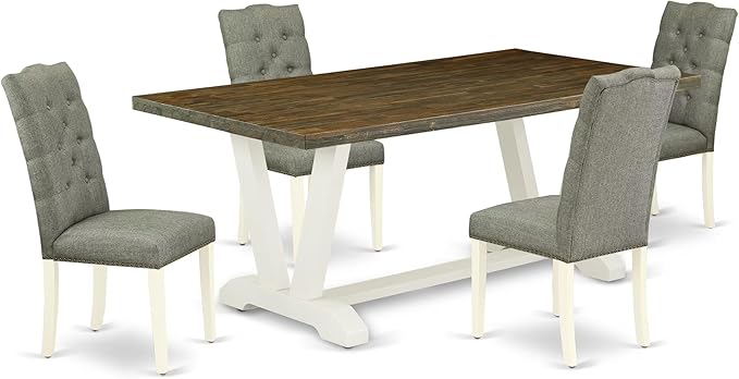 East West Furniture V077EL207-5 5 Piece Dinette Set for 4 Includes a Rectangle Dining Room Table with V-Legs and 4 Gray Linen Fabric Upholstered Parson Chairs, 40x72 Inch, Multi-Color