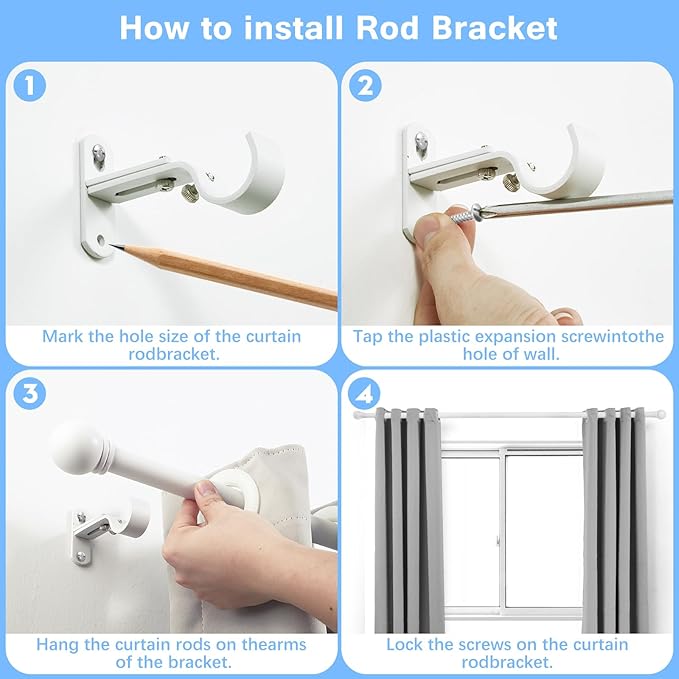 Curtain Rods for Windows 16 to 48 Inches, Curtain Rod Max Adjustable Length of 60 IN, 6/8" Diameter Drapery Rods Round Finials, White, Pack of 2