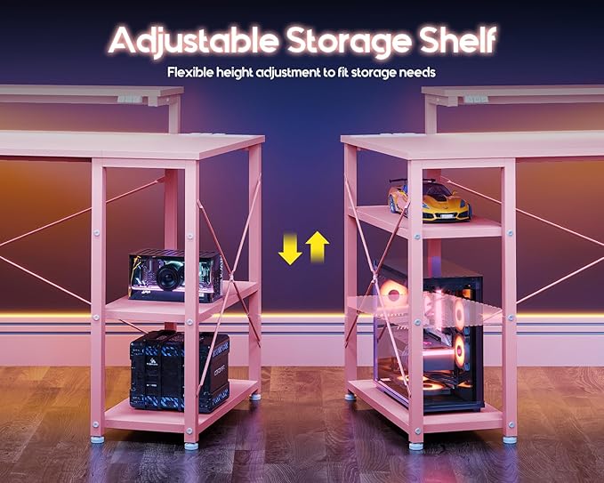 MOTPK 40 Inch Small Gaming Desk with Storage & Led Lights, Computer Desk with Power Outlet & Shelf, Reversible Gamer Desk with Adjustable Monitor Stand, Carbon Fiber Texture Pink