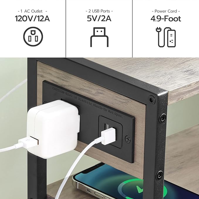 HOOBRO Small Narrow Side Table with Charging Station, Skinny End Table for Small Spaces, Slim Nightstand with USB Ports Outlet, Sofa Beside Table with Storage Shelf, Greige and Black BG102UBZ01