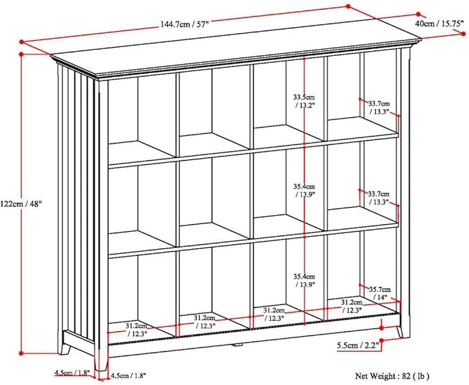 SIMPLIHOME Acadian Bookcase - 57 inch Tall 12-Cube Solid Wood Storage Display Unit in Distressed Grey, Transitional Cube Organizer for Living Room or Office with Fixed Shelves and Tapered Legs