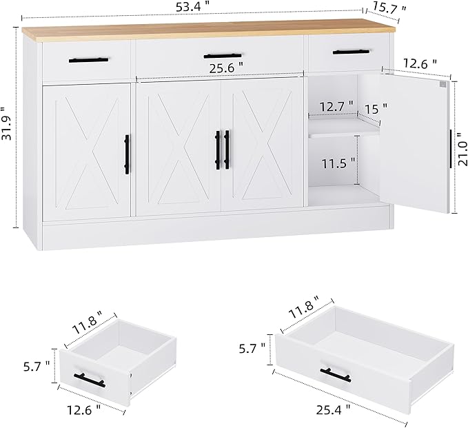 Shintenchi Sideboard Buffet Cabinet with Storage,53.4" Large Kitchen Buffet Storage Cabinet with 3 Drawers and 4 Doors,Wood Farmhouse Sideboard with Adjustable Shelf for Kitchen, Living Room,White