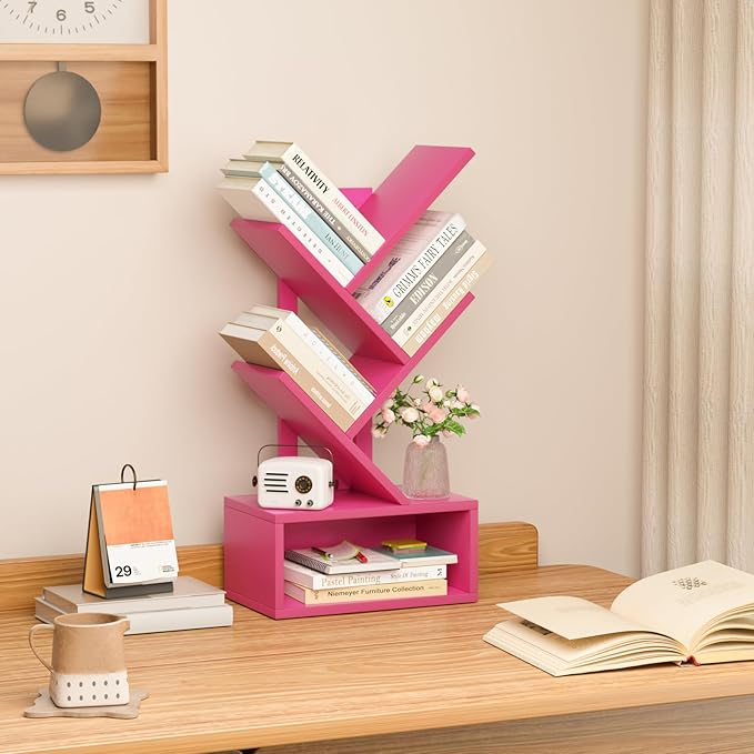 Small Tree Book Shelf,5 Tier Black Tree Bookshelf,Desktop Bookcase,Modern Desk Display Storage Bookshelves,Floor Standing Organizer Bookcases for Living Room,Bedroom,Office