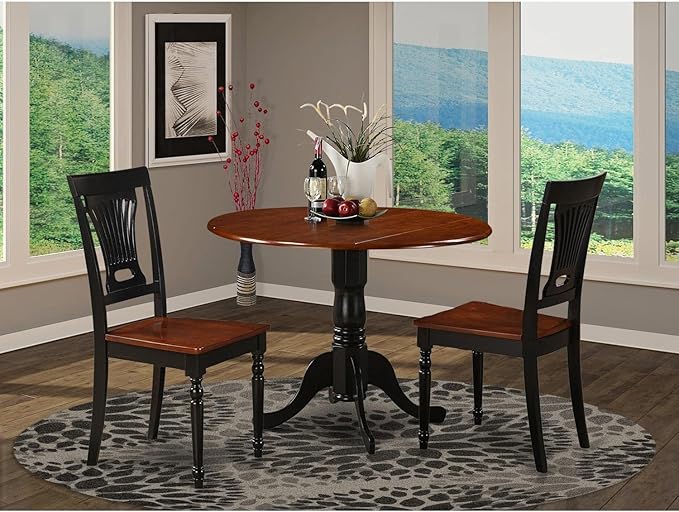 East West Furniture DLPL3-BCH-W 3 Piece Modern Dining Table Set Contains a Round Wooden Table with Dropleaf and 2 Dining Room Chairs, 42x42 Inch, Black & Cherry