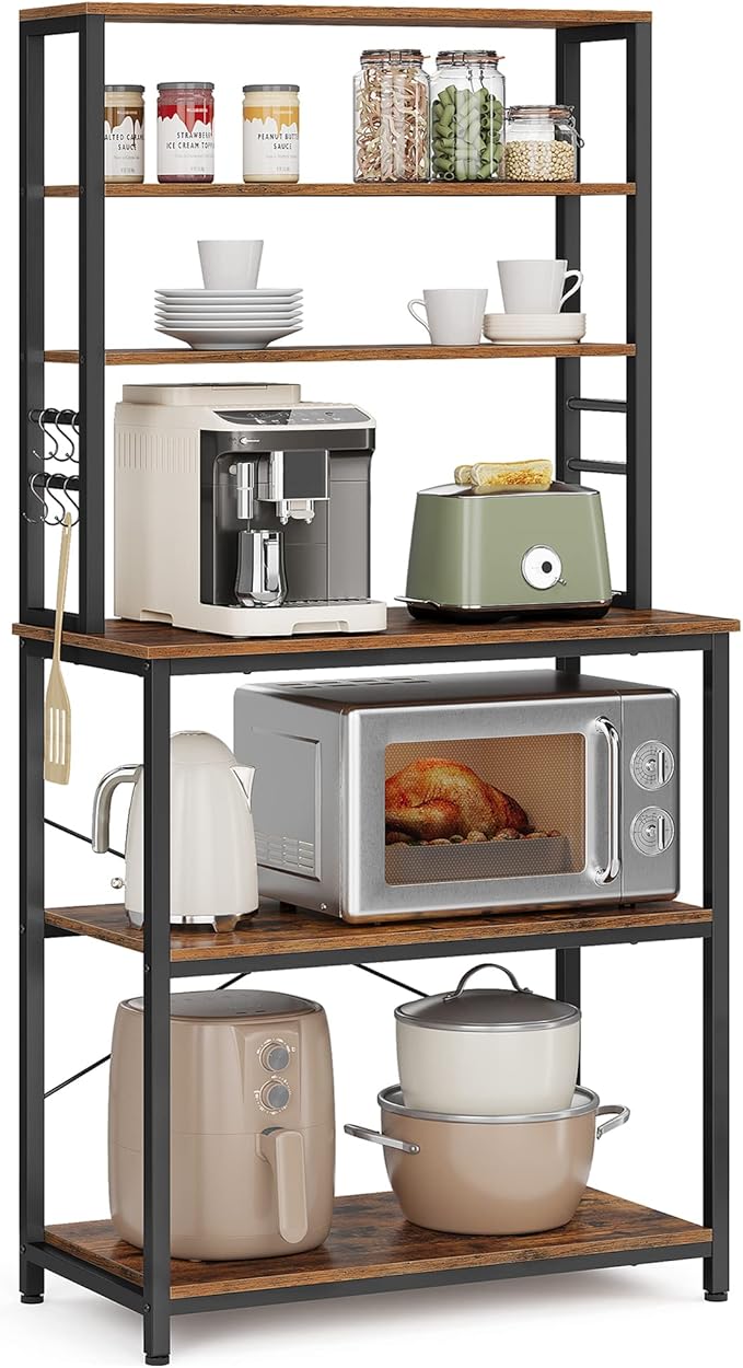 VASAGLE Coffee Bar, 31.5 Inches Baker's Rack for Kitchen with Storage, 6-Tier Kitchen Shelves with 6 Hooks, Microwave Stand, Industrial, Rustic Brown and Black UKKS019B01