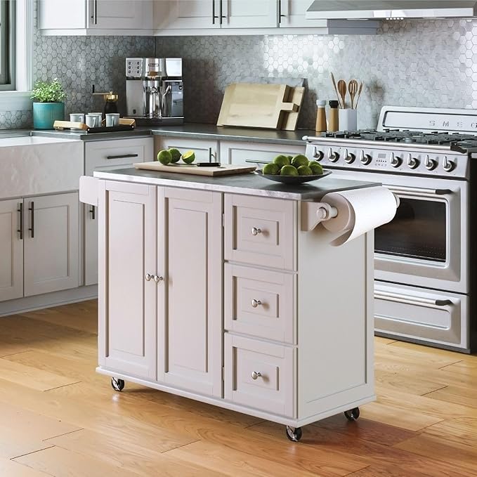 Homestyles Dolly Madison Rolling Mobile Kitchen Island with Storage and Towel Rack, 54 Inch Width, Off White