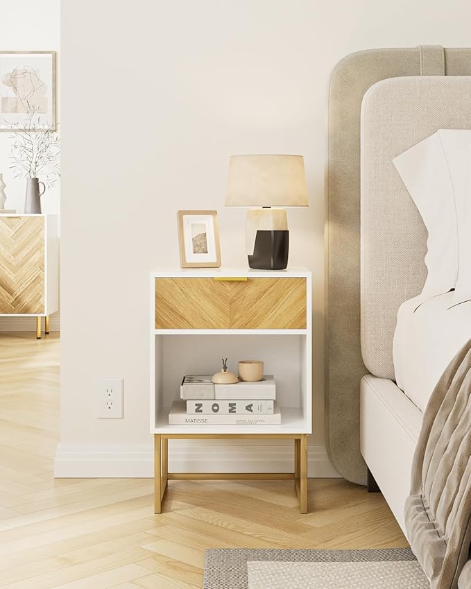Nightstand, Boho Night Stand Wood Farmhouse Bedside Table with Storage, End Side Table for Bedroom,Living Room,White