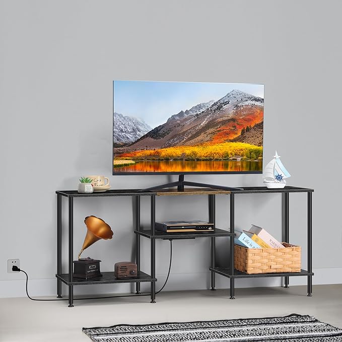 Small TV Stand with Power Outlet, Industrial TV Media Console with Storage Black Wood Entertainment Center up to 50 inch TV for Living Room, Bedroom, Kids Room