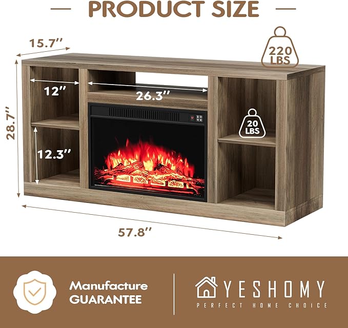 YESHOMY Electric Fireplace TV Stand for Televisions up to 65+ Inch, Media Entertainment Center Console Table with Four Open Storage Shelves & Cabinets, 58 Inch, Barnwood