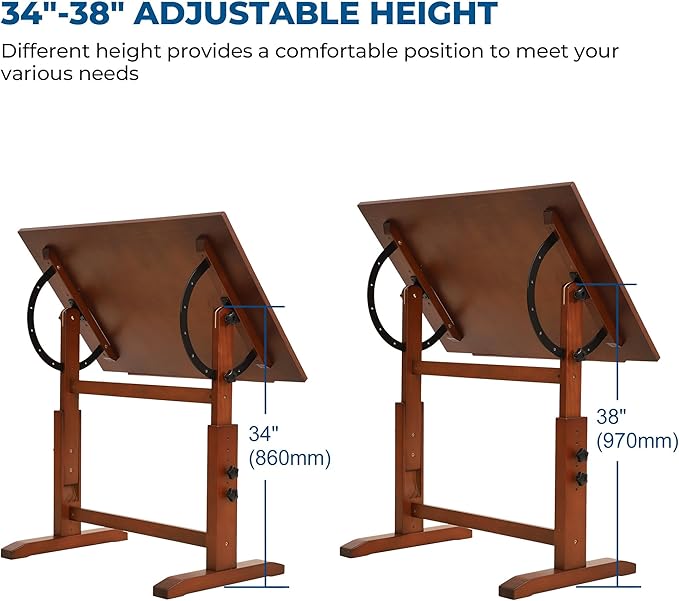 VISWIN Wood Drafting Table for Adults, 24'' x 35" Drawing Table with Adjustable Height & Angle for Art Studio, Solid Pine Wood Artist Desk for Drawing, Drafting, Writing, Reading, Sketching