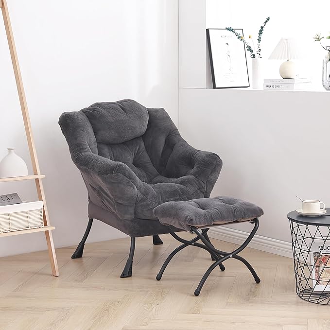 LITA Lazy Chair with Ottoman, Modern Accent Leisure Upholstered Sofa Chair, Lounge Reading Chair with Armrests and a Side Pocket for Living Room, Bedroom & Small Space, Plush Navy