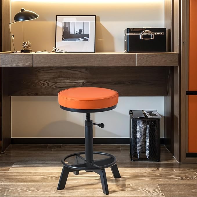 Vintage Short Bar Stools Industrial Swivel Counter Stools 17-24inch Height Adjustable Rustic Leather PU Seat Chairs for Kitchen Island Extra Seat Beside Sofa (Bright Orange)