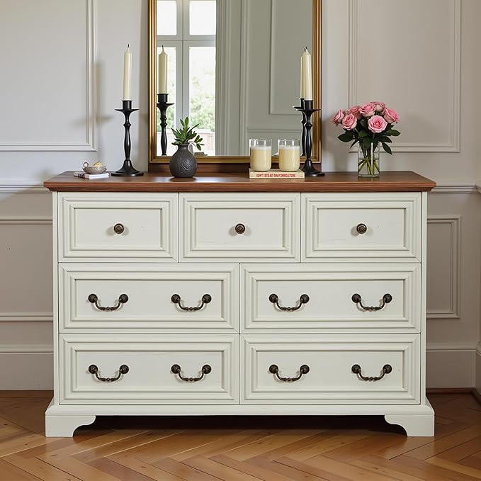 47.2" Farmhouse Sideboard Buffet Cabinet with Storage, Kitchen Buffet Storage Cabinet with 7 Drawers, Modern Wood Accent Sideboard for Living Room, Kitchen, Hallway(Antique Brown+White)