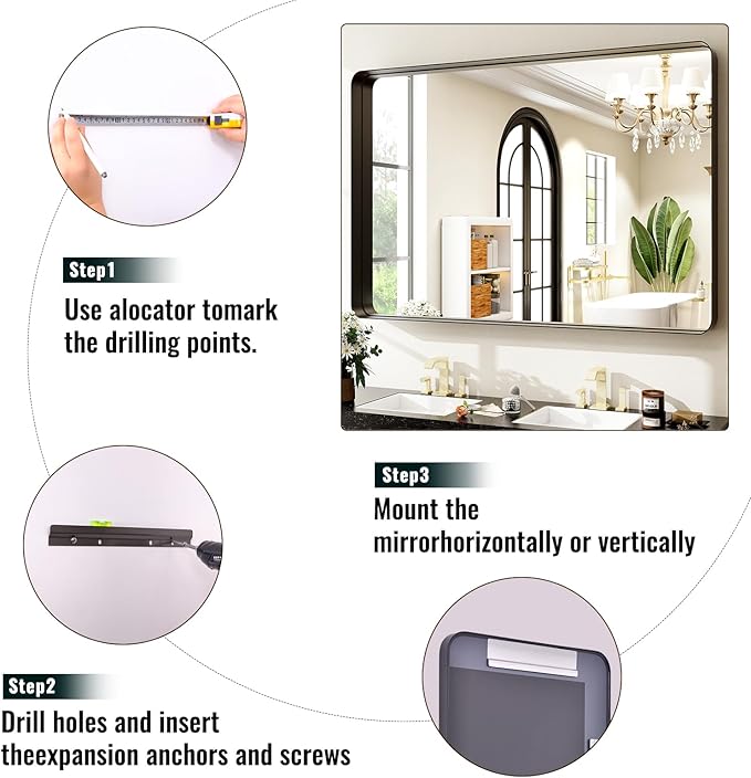 30"x40" Black Bathroom Mirror - Modern Mirror for Wall with Rounded Corners. Bathroom Mirrors for Vanity, Aluminum Alloy Framed Mirror Portrait or Landscape Hang, Rectangle Mirrors