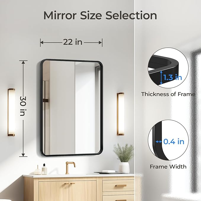 USHOWER Black Bathroom Mirror for Over Sink 22 x 30 Inch, Matte Black Rectangle Mirror for Wall, Rounded Metal Frame Vanity Mirror