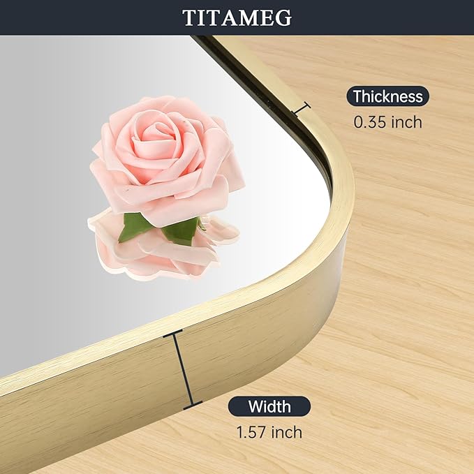 24x36 Inch Bathroom Mirror, Gold Framed Rectangle with Rounded Corner, Aluminum Alloy Framed Brushed Wall Mirror for Bedroom or Living Room, Vertical or Horizontal