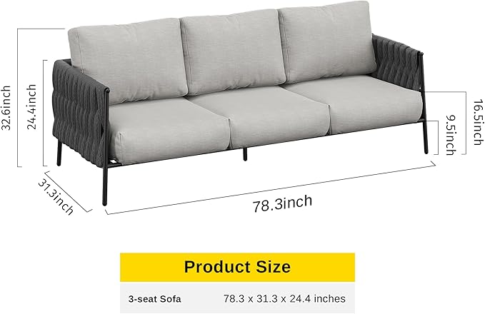 EAST OAK Life Chatter Outdoor Sofa, Outdoor Furniture 3 Seats with Waterproof Thick Cushions, Modern Patio Sofa Deep Seating for Outdoor Garden Porch Blackyard, Earth Black & Misty Grey