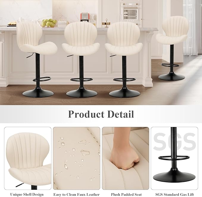 COLAMY Bar Stools Set of 6, Modern Swivel Bar Chairs, Adjustable Faux Leather Upholstered Barstools Counter Height with High Backrest for Bar, Kitchen Island, Dining Room, Beige