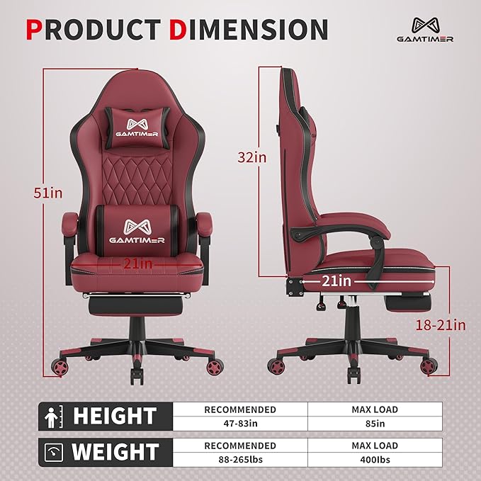 Gaming Chair, 400 lbs Adult Chair, High Back Computer Chair with Footrest and Linked Armrests, Office Video Game Chair with Lumbar Support (Red+Black)