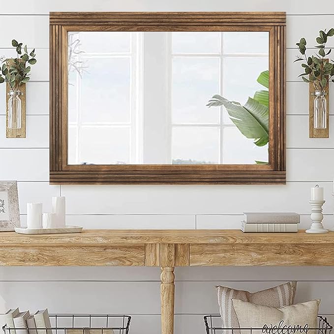YOSHOOT Hand-Made Wooden Spliced Wall Mirror for Bathroom, Rustic Farmhouse Vanity Mirror, Décor Wall Art, Solid Wood Frame, Vertical or Horizontal Hanging, 72" x 36", Brown