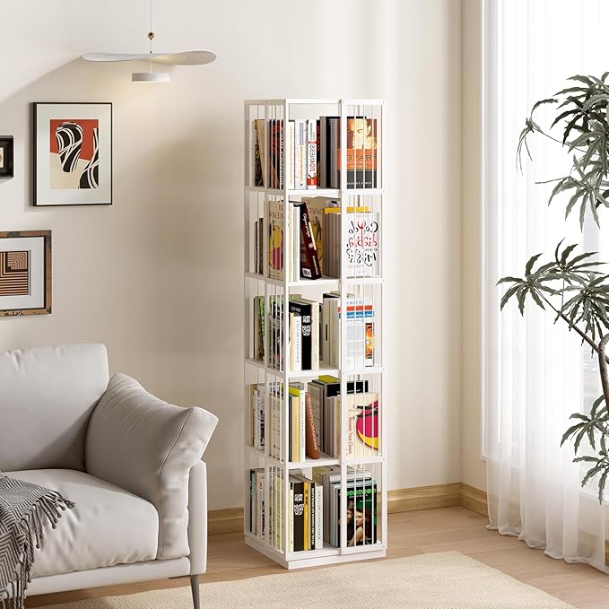Square Rotating Bookshelf Tower - 360 Spinning Display Corner Bookcase for Narrow Space, Modern 5-Tier Revolving Storage Shelf, White
