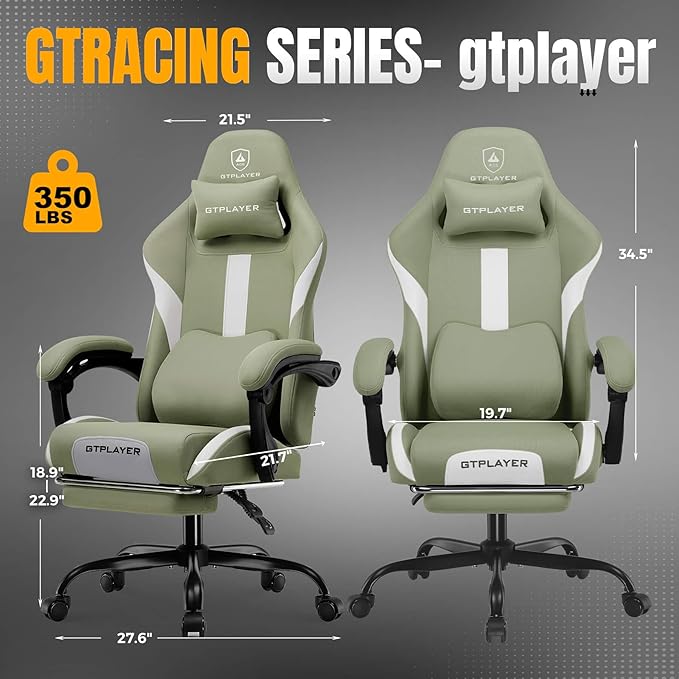 GTRACING Gaming Chair with Foot Rest & Pocket Spring Cushion, Breathable Fabric for Home Office Desk, Ergonomic High Back Computer Chair with Headrest & Lumbar Support, Green