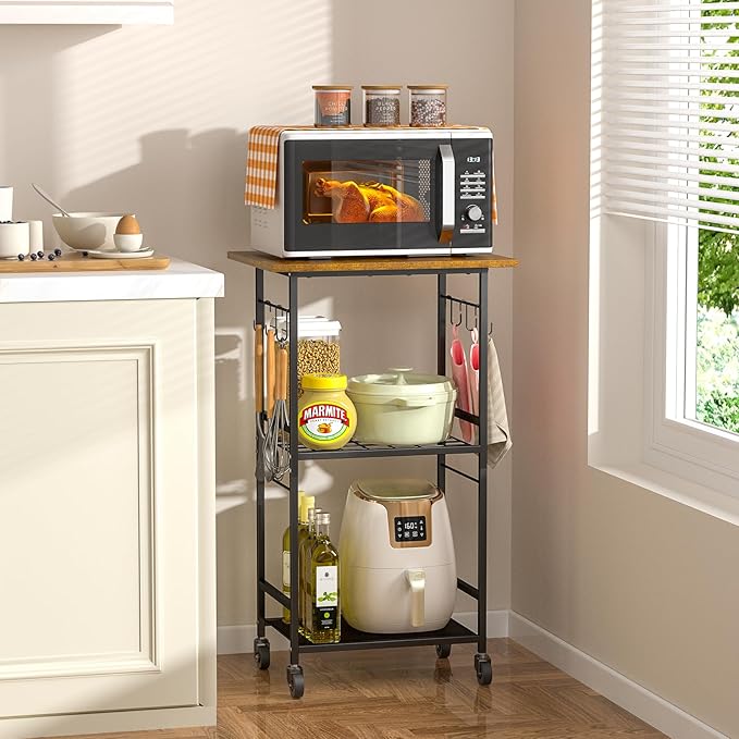 Rolling Kitchen Microwave Cart, 3 Tier Microwave Table Stand with Adjustable Shelf, Kitchen Storage Rack on Wheels, Coffee Station Cart Rack Shelf Organizer for Living Room Office, Balcony