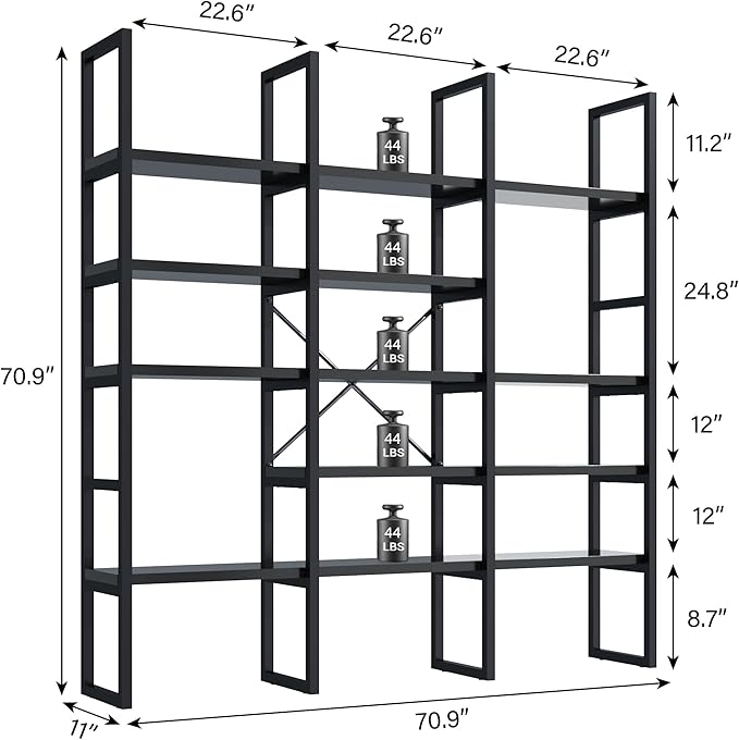 Semoic Large Bookshelf 5 Tiers, Triple Wide Geometric Bookcase, 71 Inches Tall Industrial Book Shelves Etagere Book Case, Sturdy Metal Frame, Freestanding Display Shelving Unit (Black)
