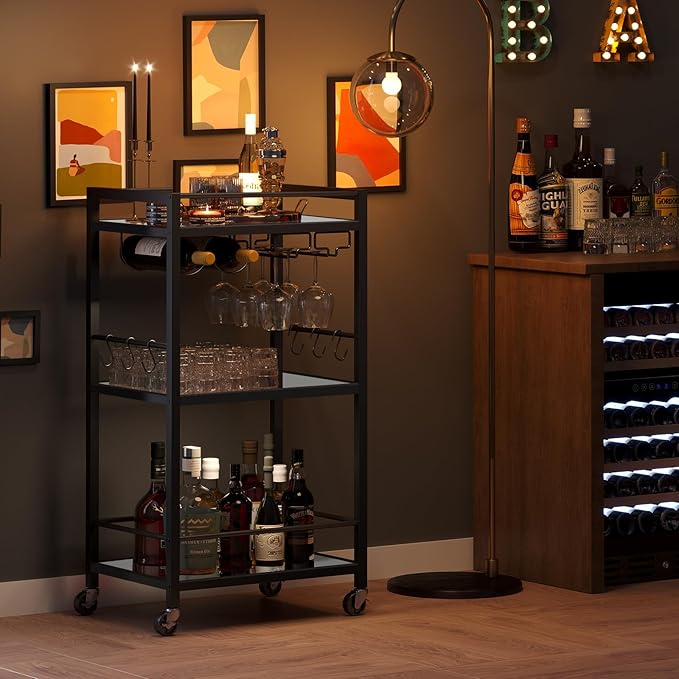 TUTOTAK Bar Cart, Home Bar Serving Cart with 3-Tier Mirrored Shelf, Drink Cart, Mobile Kitchen Shelf with Wine Rack, Rolling Beverage Cart, Black BC01BK033