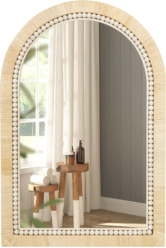 ULIKE Rattan Mirror for Bathroom, 20x30 Inch Arch Rustic Farmhouse Wall Decor with Handmade Wicker Frame, Boho Mirror for Nursery Bedroom Living Room Entryway