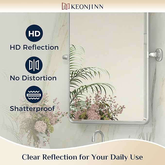 Keonjinn 24 x 36 in Silver Pivot Mirror, Satin Nickel Beveled Tilt Mirror Bathroom Rectangle, Adjustable Tilted Mirrors Bathroom for Over Sink, Framed Vanity Mirrors for Wall (Horizontal/Vertical)