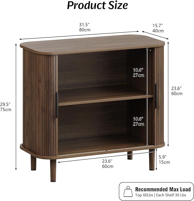 31.5" Sideboard Buffet Cabinet with Storage, Modern Walnut Accent Cabinet with Sliding Doors & Adjustable Feet, Small Credenza for Kitchen, Entryway, Living Room (Walnut, 15.8"D x 31.5"W x 29.5"H)