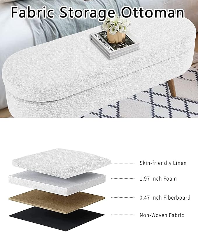 Oval Storage Bench 43.5" Linen Fabric Upholstered Entryway Bench with Solid Wood Legs Ottoman Bench Indoor Bench for Living Room/Bedroom/End of Bed/Entryway (White)