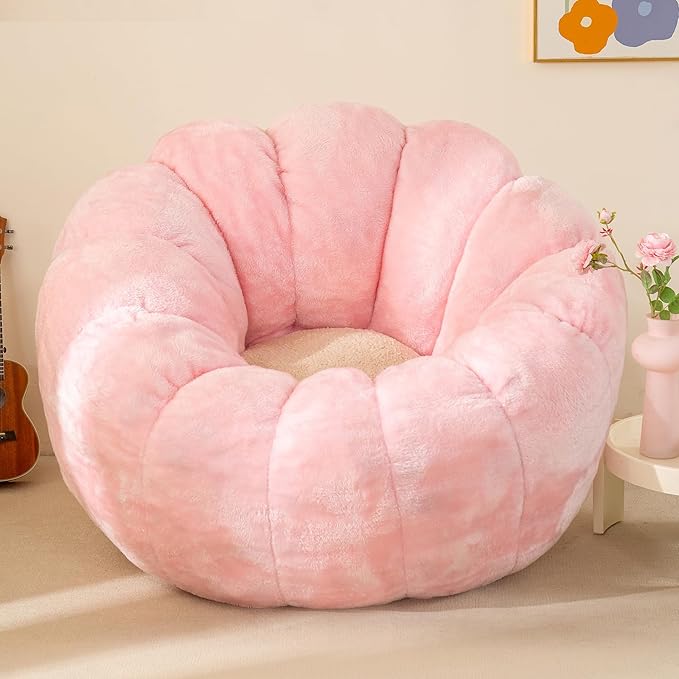 Pumpkin Bean Bag Sofa Chair for Adult, Beanbag Couch with Filler for Reading and Relaxation, Comfy and Lazy Sofa for Dorm, Apartment, Living Room and Bedroom, Pink