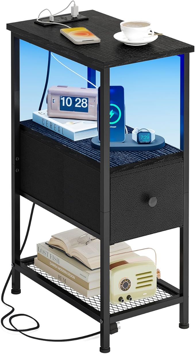 Fixwal Narrow Side Table with Charging Station and LED Light, Skinny Nightstand with 1 Fabric Drawer, Slim End Table for Bedroom, Dorm, Small Space, Black