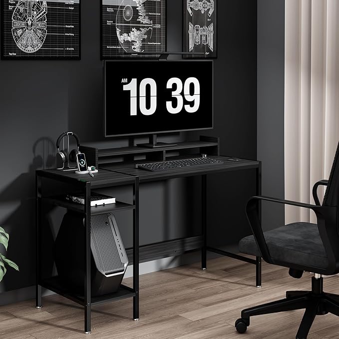 Computer Gaming Desk with Monitor Stand, Home Office Desk Suitable for 2 Monitors, Writing Desk with Adjustable Storage Space,Sturdy and Durable Modern Small Desk (Black, 47 inchs)
