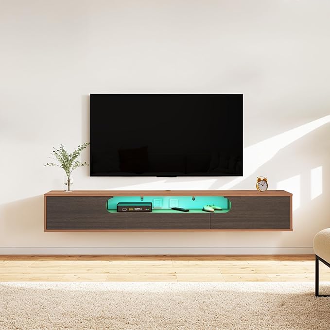 Pmnianhua Floating TV Stand with LED Lights,63'' Wall Mounted TV Cabinet Floating Under TV Shelf Media Console Entertainment Center with Storage Living Room Playroom Bedroom(Walnut)