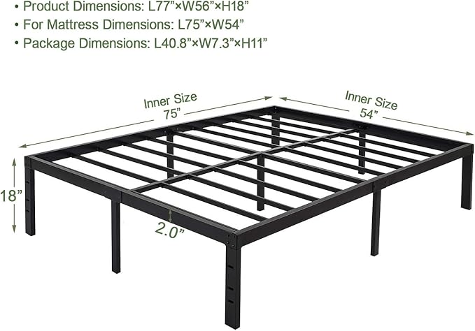 45MinST 18 Inch Platform Bed Frame/Easy Assembly Mattress Foundation / 3000lbs Heavy Duty Steel Slat/Noise Free/No Box Spring Needed,Full