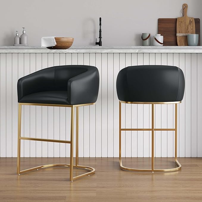 Manhattan Comfort Louvre 26 Inch Mid Century Modern Counter Height Bar Stools - Elegant Faux Leather Padded Seat, Stainless Steel Base with Footrest, Fully Assembled Barstools, Set of 2, Black & Gold