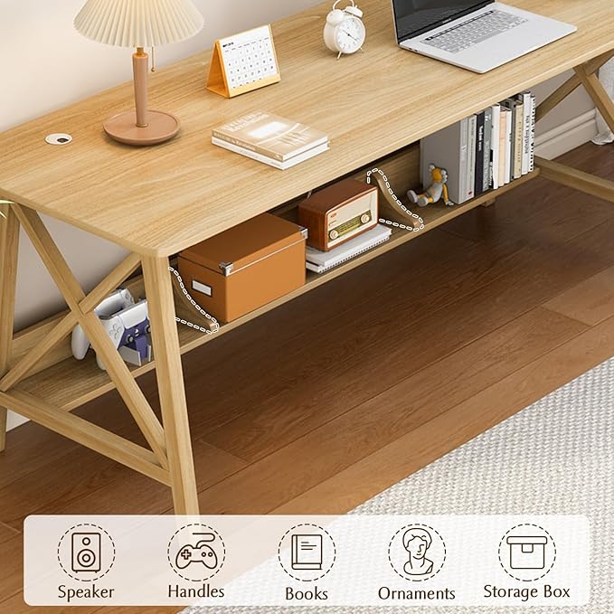 Extra Long Desk with Bookshelf - Wooden Home Office Work Study Table, 2-Person Writing Computer Workstation with Storage Shelf in Oak, 71" Wx24 Dx30 H