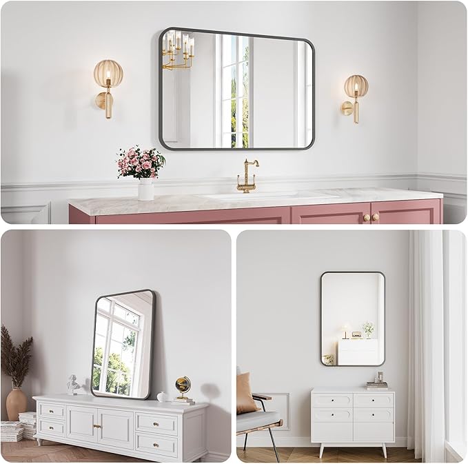 Bathroom Mirror, 26X38 Inch Black Metal Framed Mirror for Bathroom, Tempered Glass, Anti-Rust, Rounded Rectangle Mirror for Restroom, Bedroom, Black