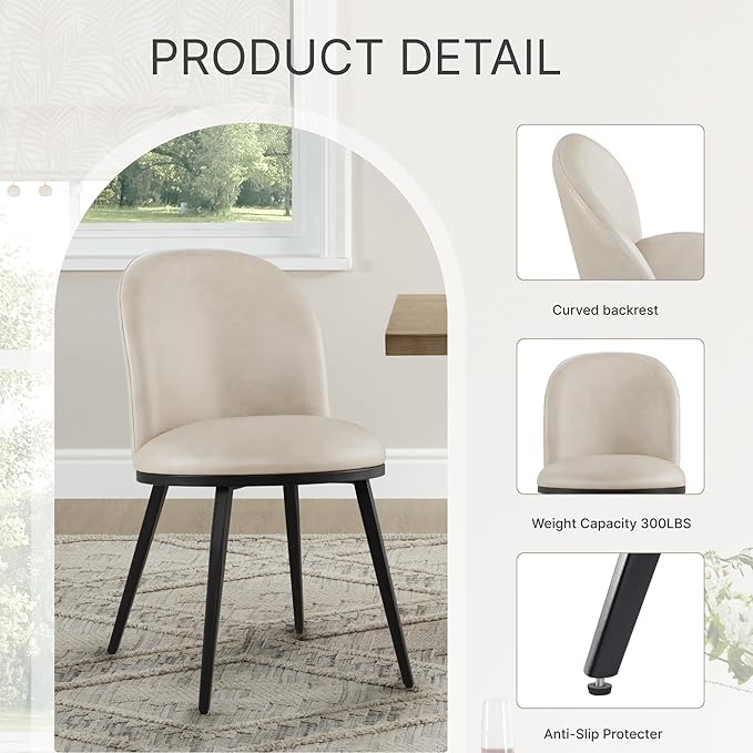 Dining Chairs Set of 4, Faux Leather Upholstered Dining Room Chairs with Ergonomic Backrest & Metal Legs, Modern Kitchen Side Chairs for Home, Restaurant, and Café, Beige, 2 Boxs