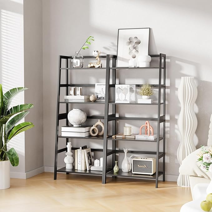 HITNET Ladder Shelf Black, 4-Tier Bookshelf, Freestanding Bathroom Storage Rack with Bamboo Frame, Plant Display Stand for Living Room, Kitchen, Home Office